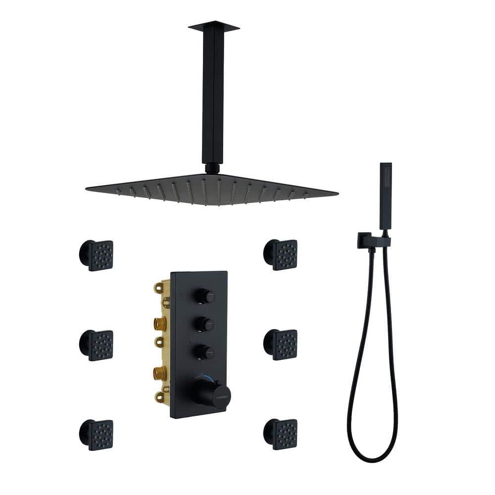 3 Functions 12 Inch Ceiling Mounted Thermostatic Shower System with 6 Body Jets