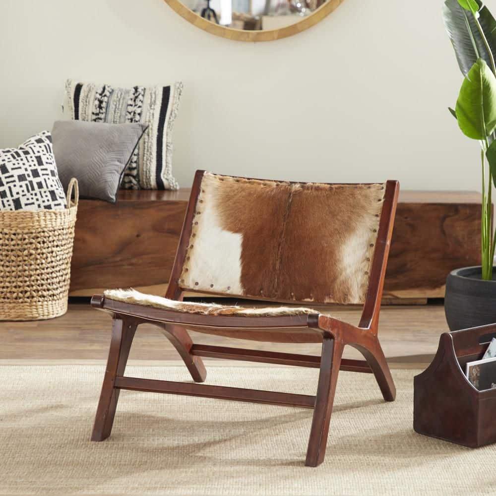 Set of 2 Rustic Goat Leather and Teak Accent Chairs Brown - Olivia & May: No Assembly, Indoor Use