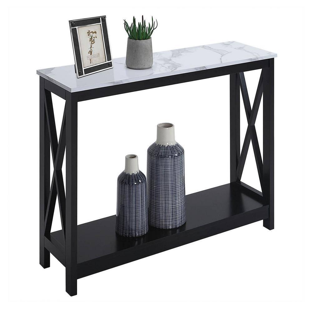 Convenience Concepts Oxford Console Table with Shelf, White Faux Marble/Black