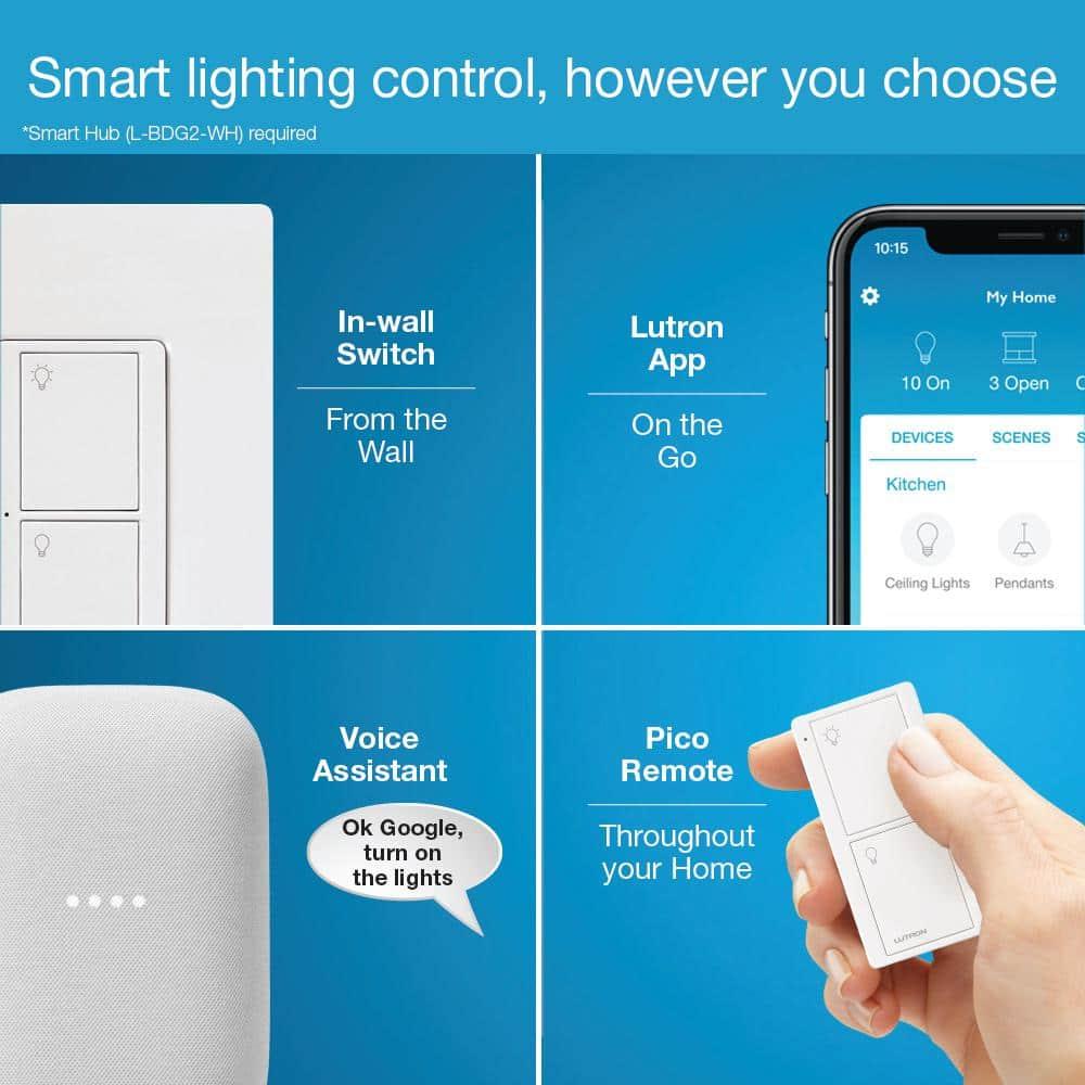 Lutron Caseta Smart Lighting Switch for All Bulb Types or Fans | Neutral Wire Required | PD-6ANS-WH | White
