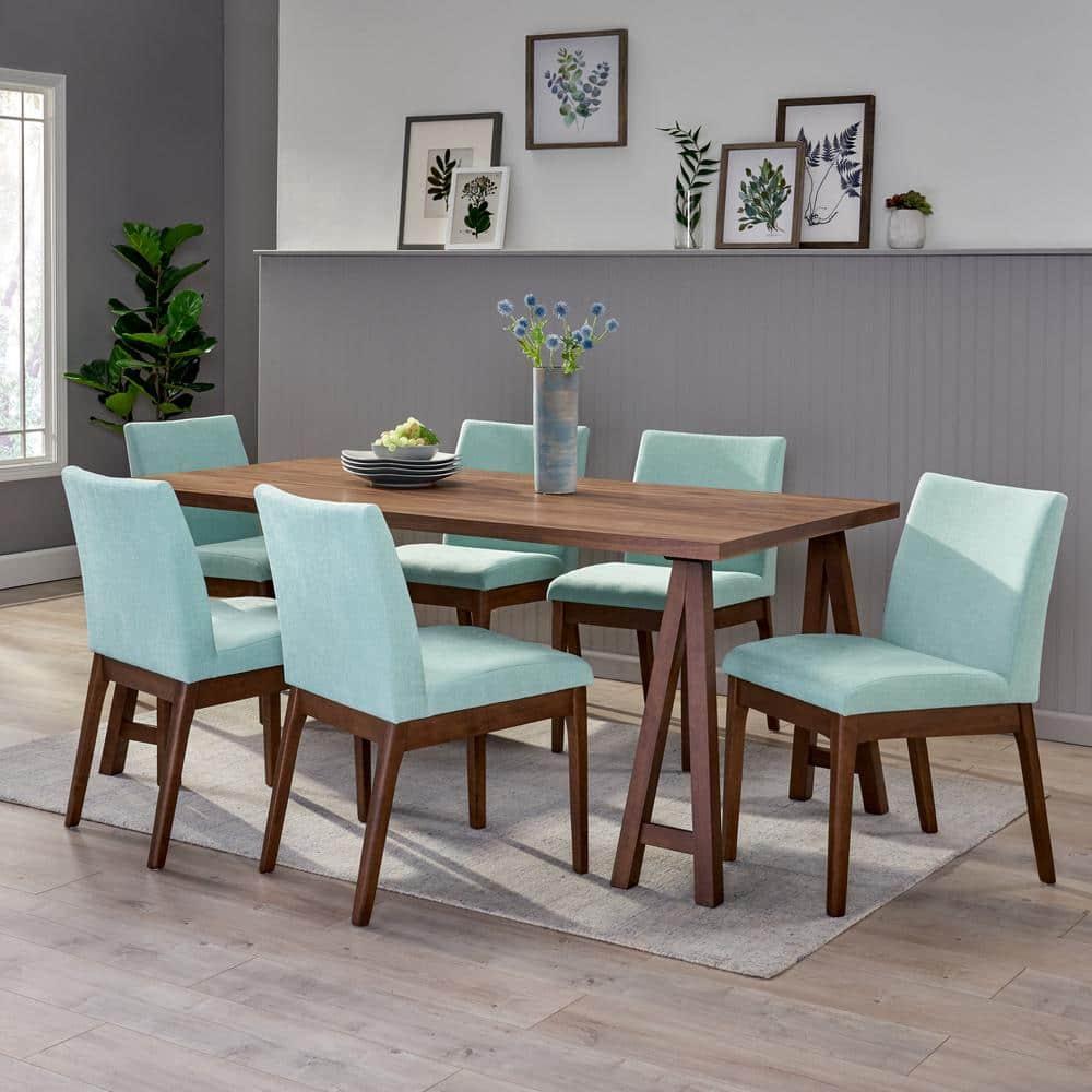 Noble House Caruso Mid-Century Modern 7 Piece Dining Set, Mint and Walnut