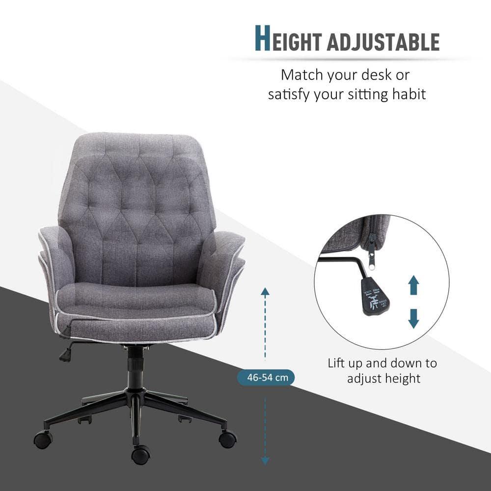 Vinsetto Modern Mid-Back Tufted Linen Home Office Desk Chair with Arms, Swivel Adjustable Task Chair, Upholstery Accent Chair with Soft Seat, Gray