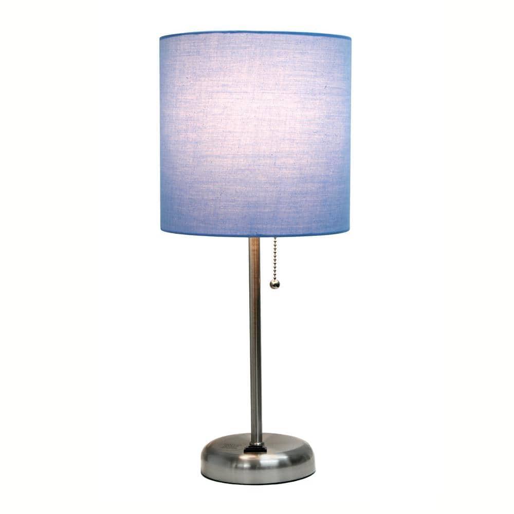 Creekwood Home 19.5" Bedside Power Outlet Base Metal Table Desk Lamp Brushed Steel with Fabric Shade Blue : ETL Listed, No Assembly Required