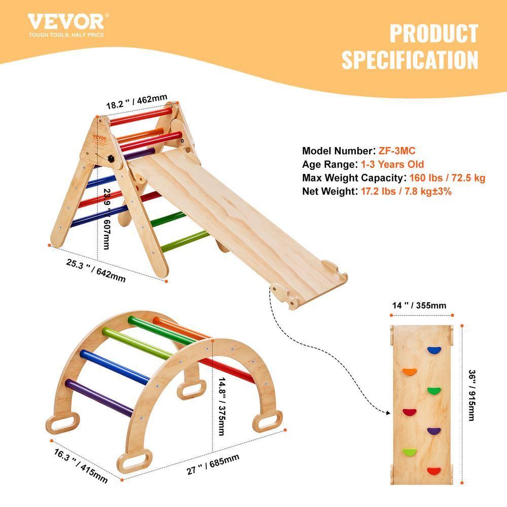 Pikler Triangle Set, 5 in 1 Toddler Climbing Toys Indoor Playground, Ramp, and Arch, Montessori Climbing Set with Triangle, Medium Size Wooden Climbing Gym for Toddlers 1-3 Years, Colorful