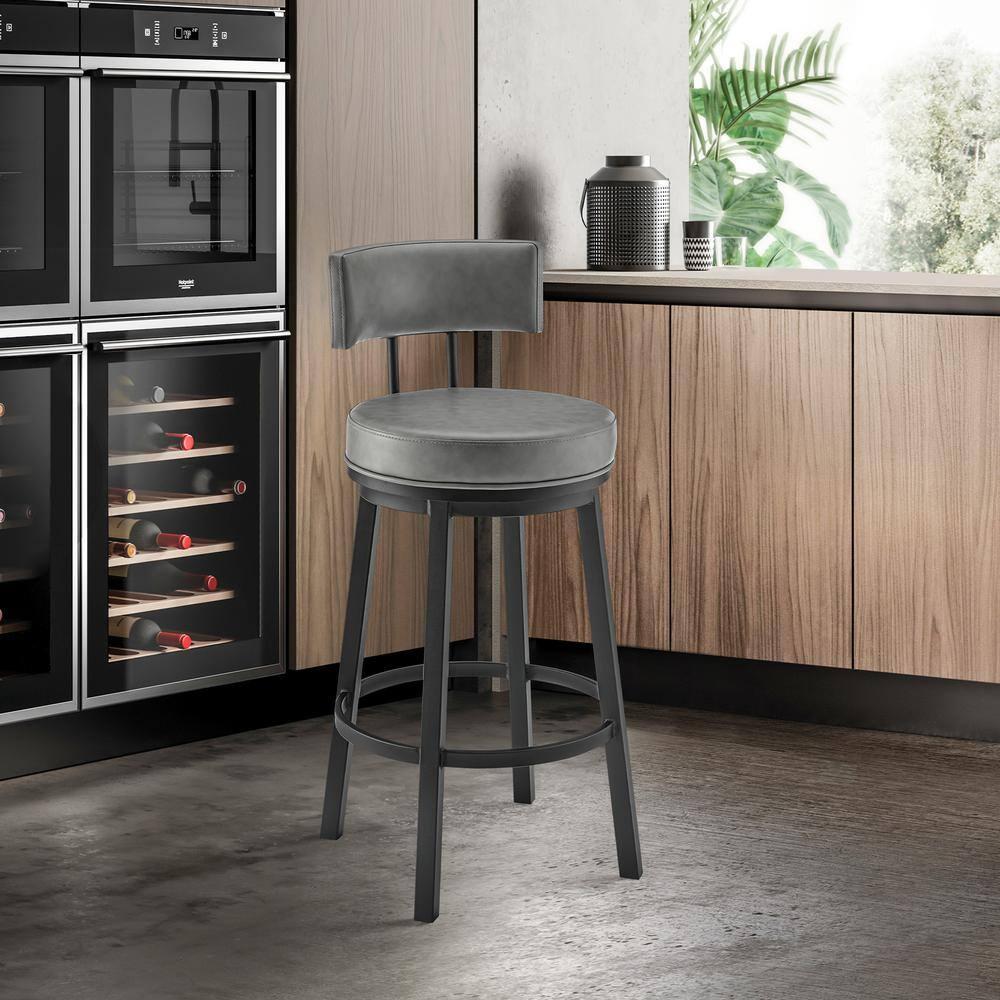 Armen Living Indoor Crux 26" Swivel Counter Stool in Brown Faux Leather and Walnut Wood