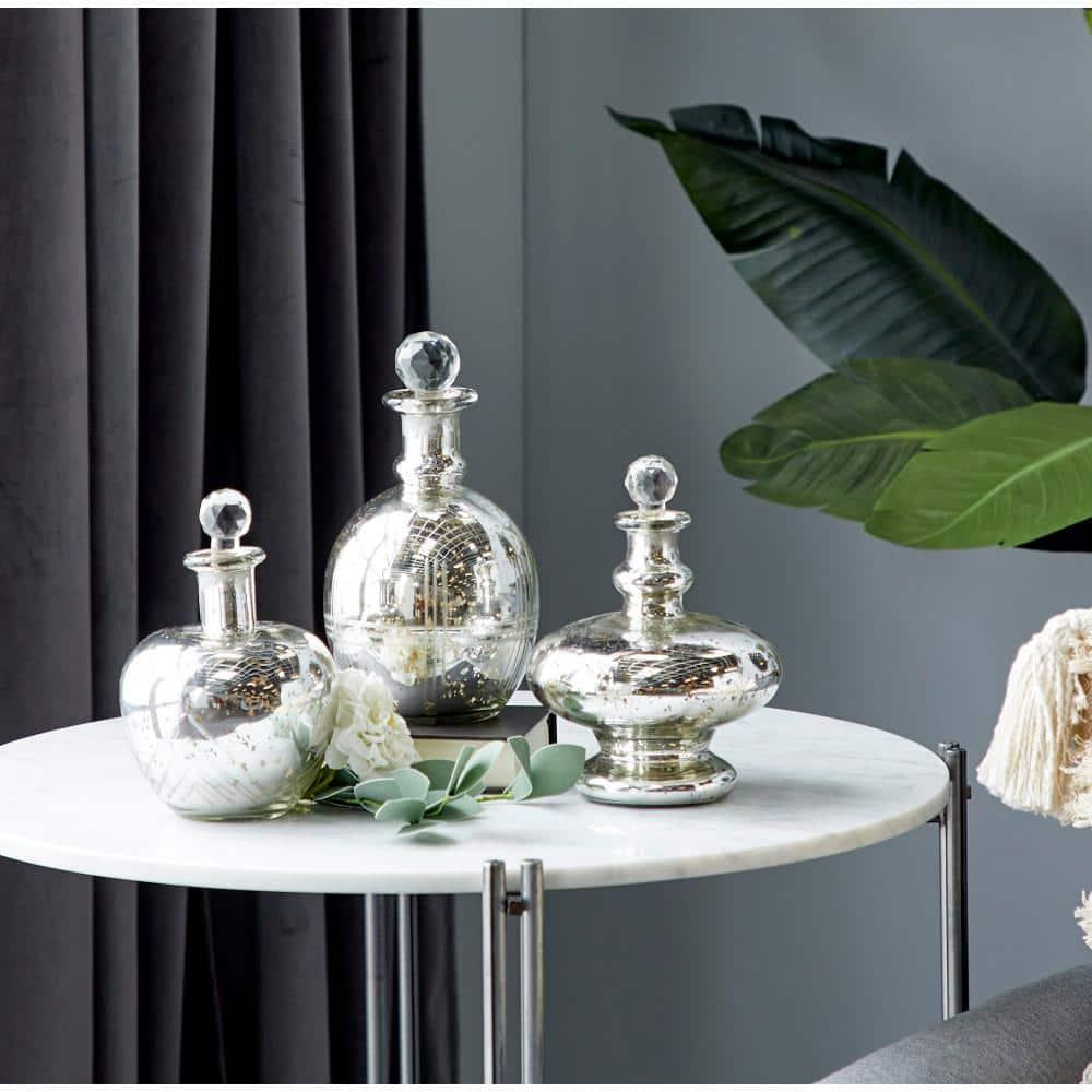 DecMode 8", 9", 7"H Silver Glass Decorative Jars with Crystal Stoppers, 3-Pieces