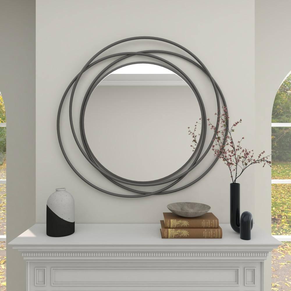 DecMode Gray Modern Metal Wall Mirror with Overlapping Rings Frame, 42"W x 40"H