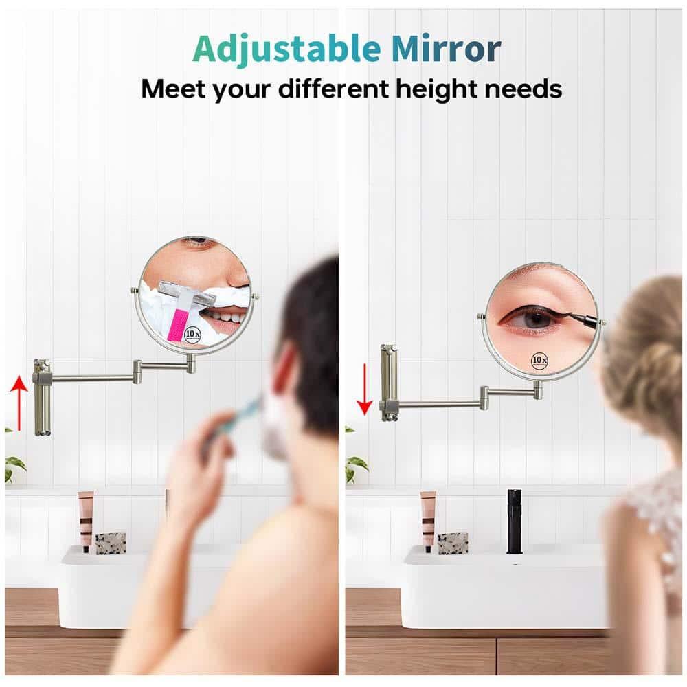 8 Inch Height Adjustable Wall Mounted Makeup Mirror 1X/10X Magnifying Double-Sided with 360° Swivel Arm Brushed Nickel for Bathroom and Home Use,LM-LS8DCN-SS