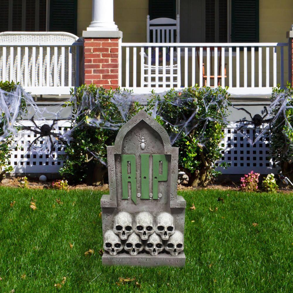 Haunted Hill Farm Haunted Hill Farm 2 ft. RIP Tombstone with Skulls, Pre-Lit LED RIP and Skull Eyes Gothic Décor