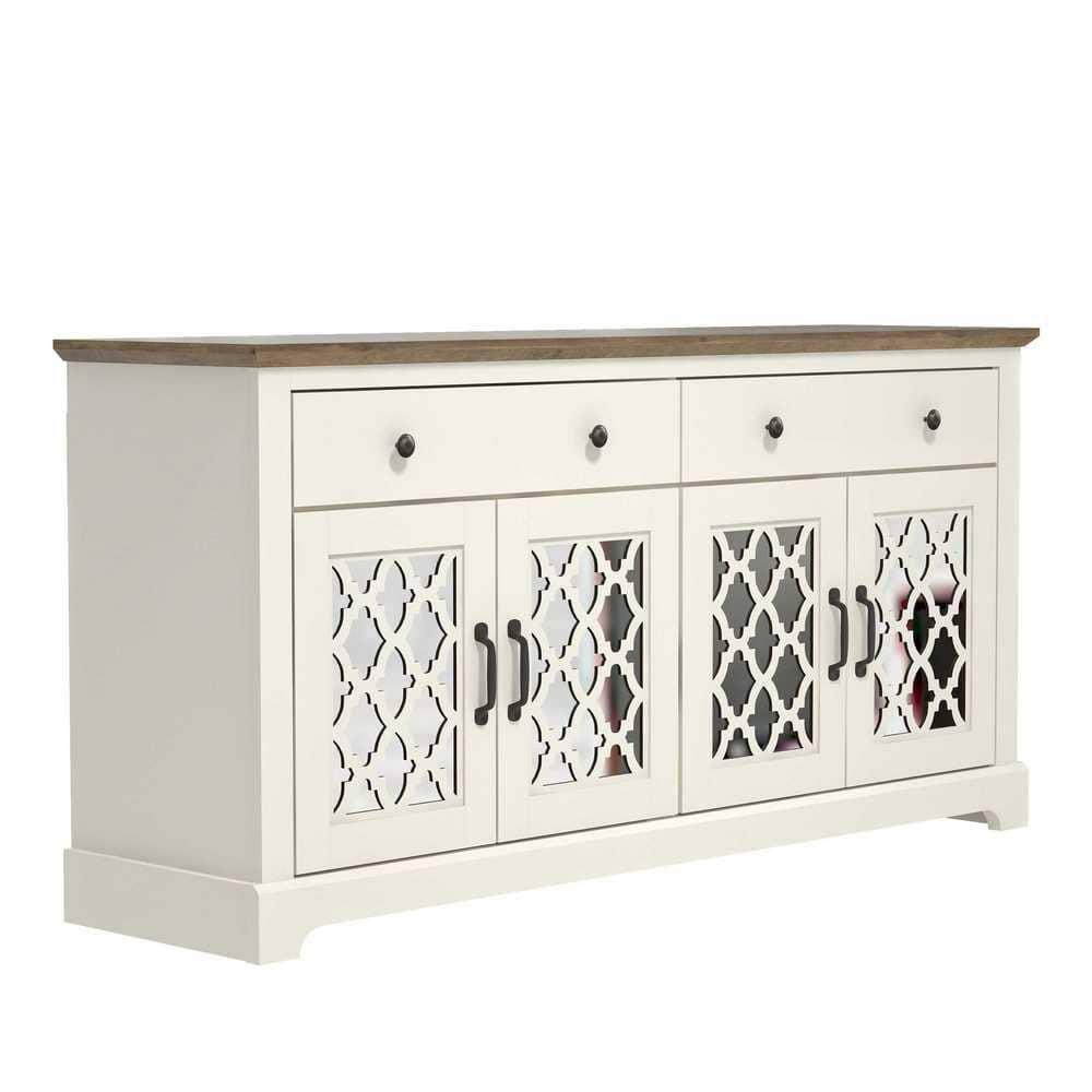 Galano Heron Ivory and Knotty Oak Wood 59.1in. 4 Door Wide Sideboard with Adjustable Shelves and Drawers Galano