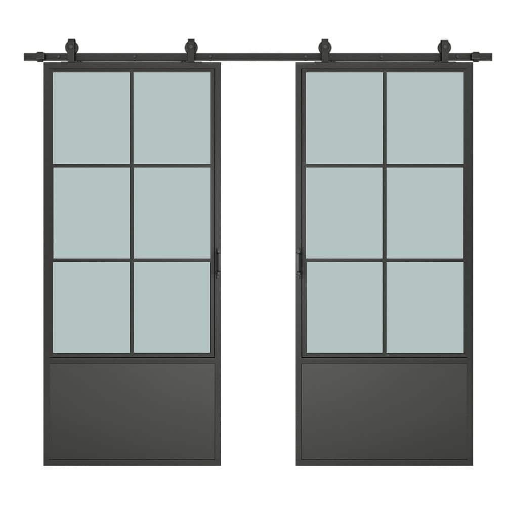 CALHOME 60-in x 84-in Frosted Glass Black Frosted glass Glass Solid core Double Barn Door (Hardware Included)