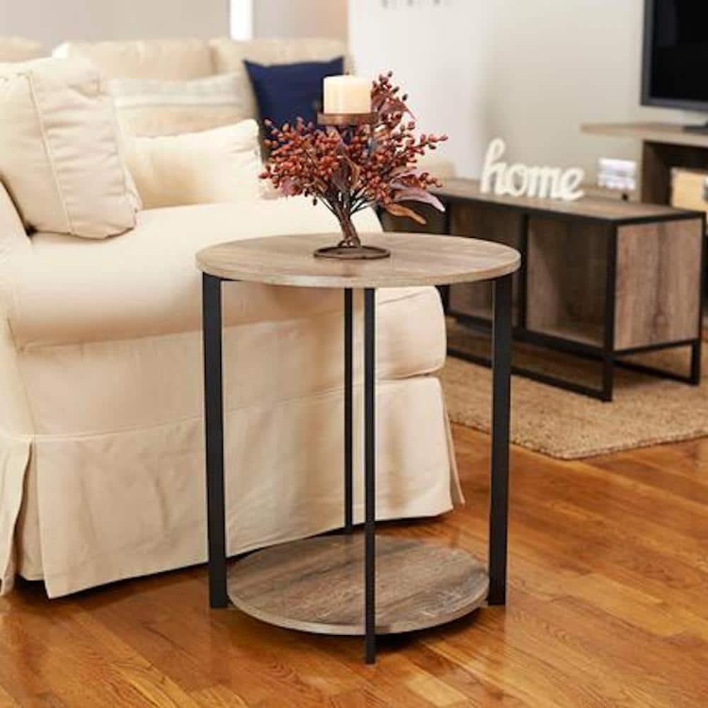 Household Essentials Jamestown Round End Table Ashwood: Modern Minimalist, Iron Frame, Particle Board