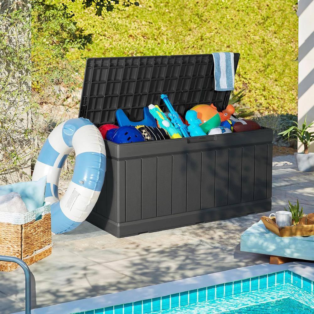 Devoko 85 Gallon Deck Box Lockable Resin Outdoor Storage Box waterproof Outdoor Container for Patio Furniture Cushions, Pillow (Black)