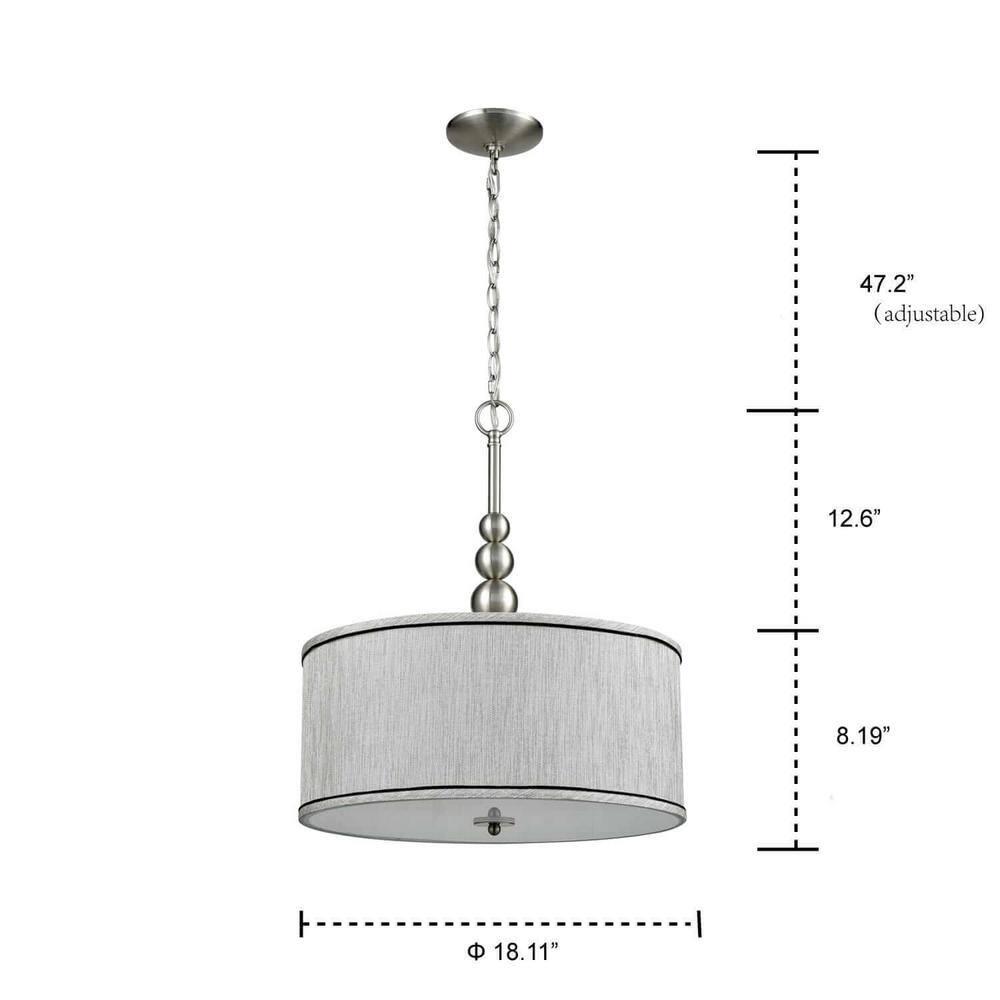 Claxy 3-Light Brushed Nickel Pendant Light with Drum Grey Linen Shade