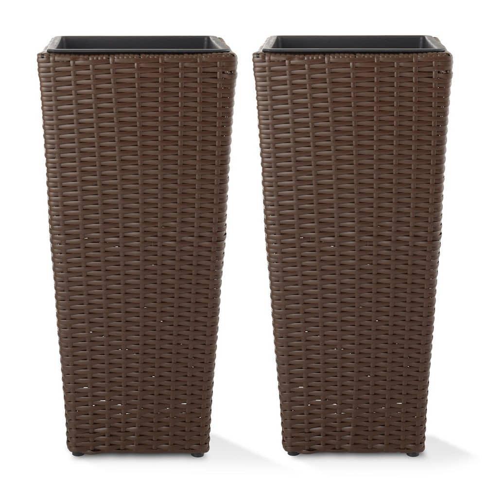 Casafield All-Weather Outdoor Planters with Liners - Set of 2, Tall Tapered Plant Boxes with Flower Pots for Front Porch, Patio, Garden - Espresso
