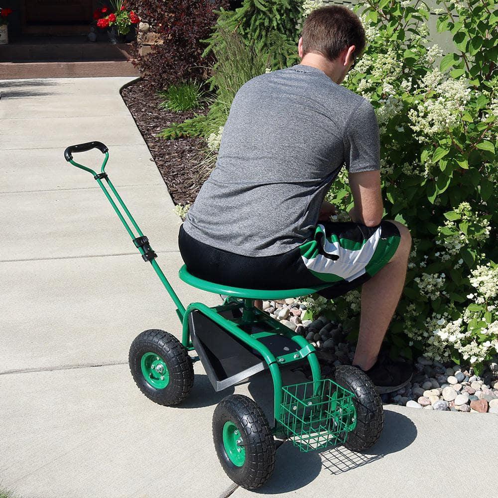SunnyDaze Decor Steel Extendable Steering Handle Swivel Seat & Basket Garden Carts