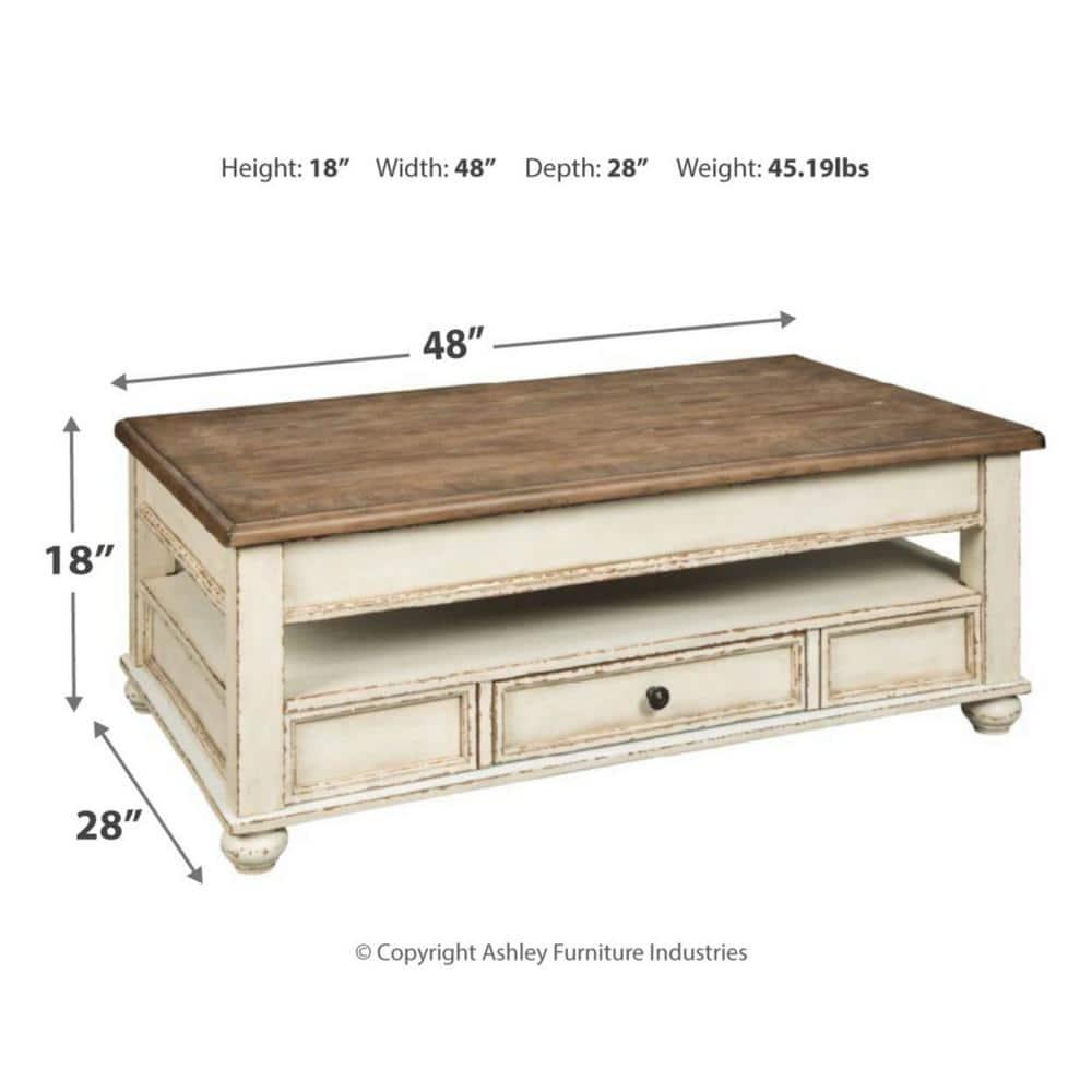 Realyn Coffee Table with Lift Top White/Brown - Signature Design by Ashley: Mid-Century Style, Storage, Wood Legs
