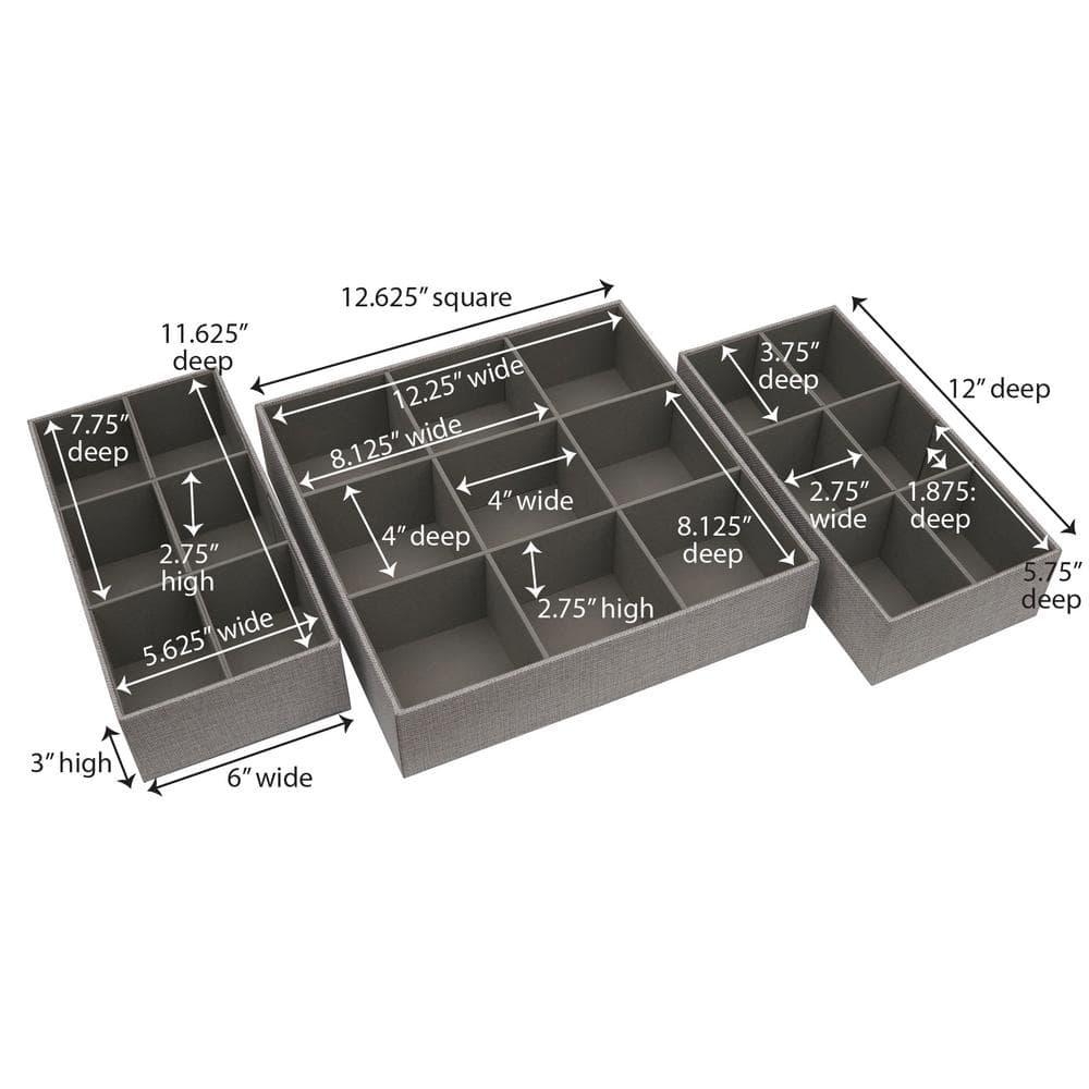 Household Essentials 3pc Drawer Organizer Set Graphite Linen: Stackable Decorative Boxes, Polyester, 12.6"x12.6" Rectangle