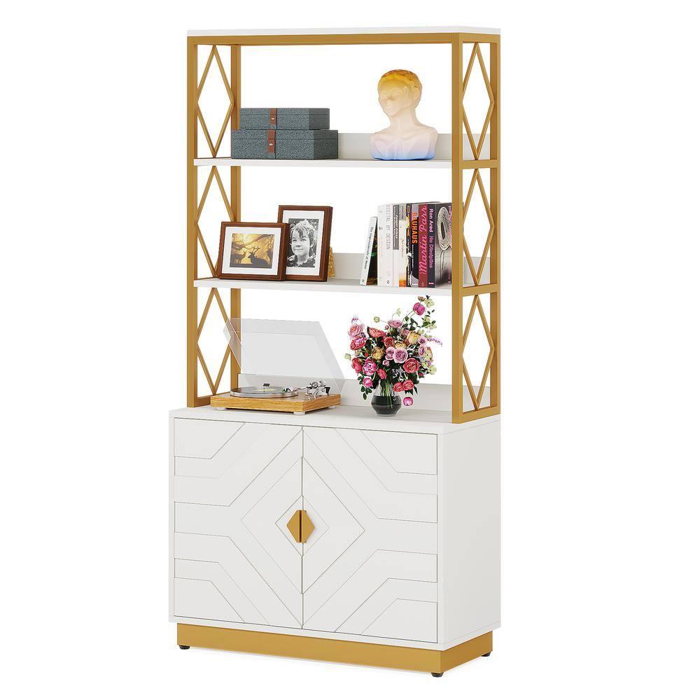 Tribesigns 71" Tall Etagere Bookcase with 3 Shelves 2 Cabinets, White and Gold Bookshelf with Doors, Modern Open Display Bookshelf for Living Room Bedroom Office
