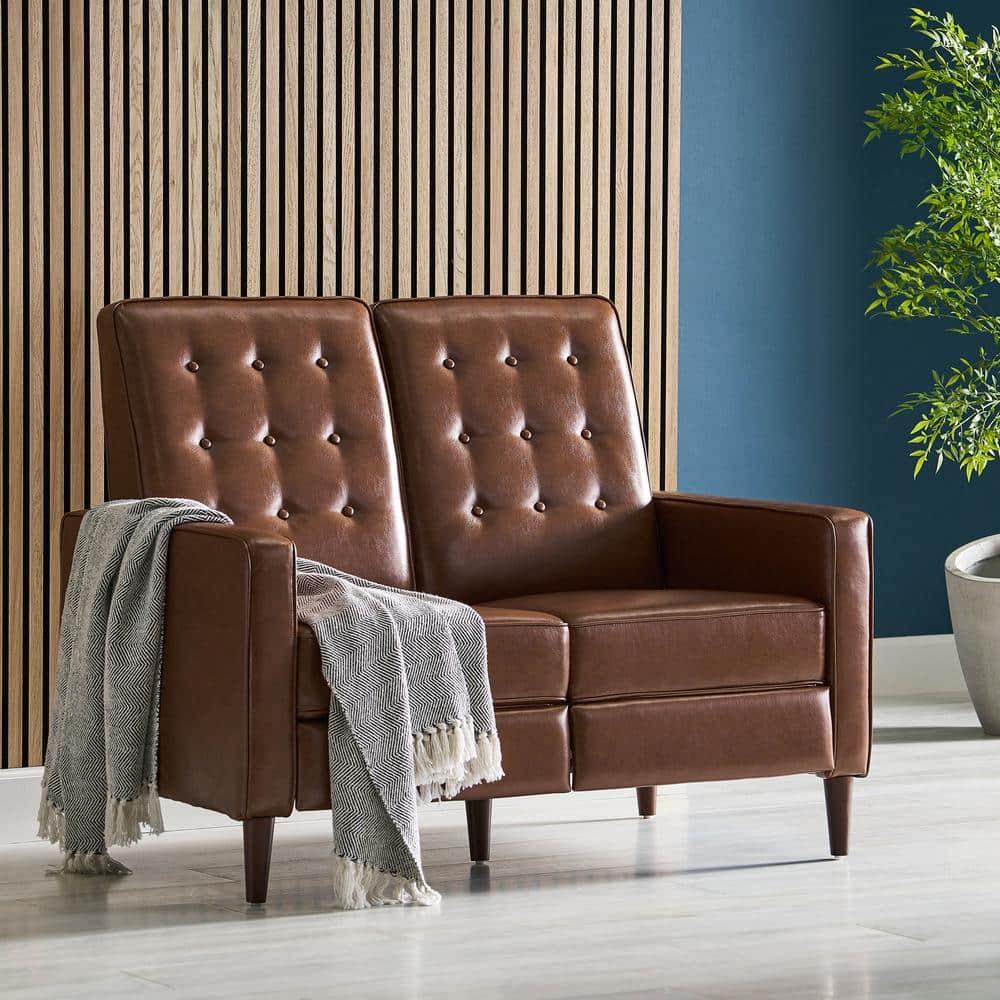 Noble House Craigue Faux Leather Tufted Loveseat Pushback Recliner, Cognac Brown