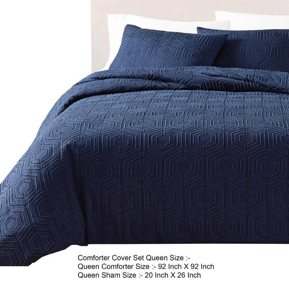 Jose 3 Piece Queen Size Comforter Set - Matching Shams - Jacquard Navy Blue