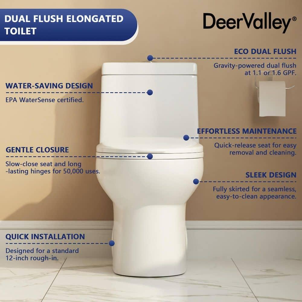 DeerValley Ally Dual-Flush Elongated One-Piece Toilet with Glazed Surface Modern Toilet with Comfort Seat Height  (Seat Included) DV-1F52816