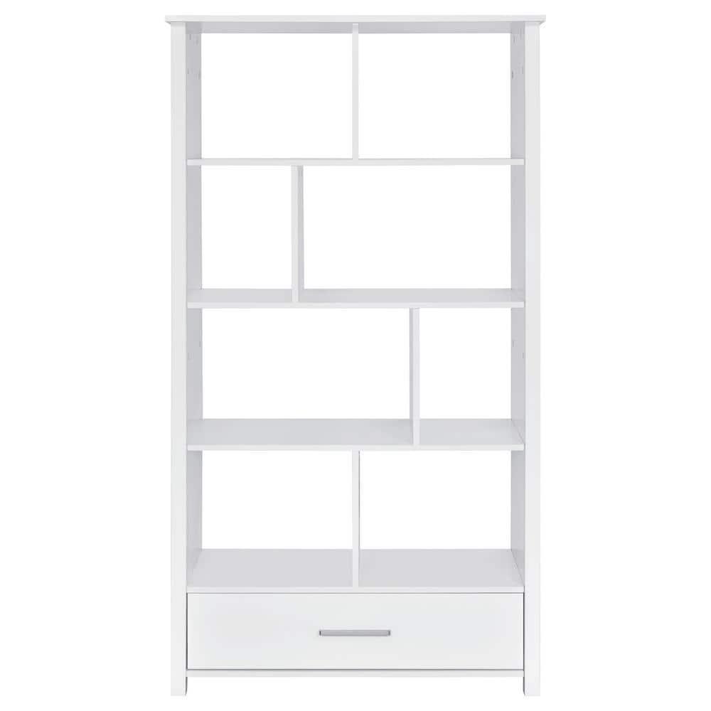 Coaster 68" Dylan 8 Shelf Bookcase with Storage Drawer White High Gloss : Laminated, Modern Design, Zinc Alloy Hardware