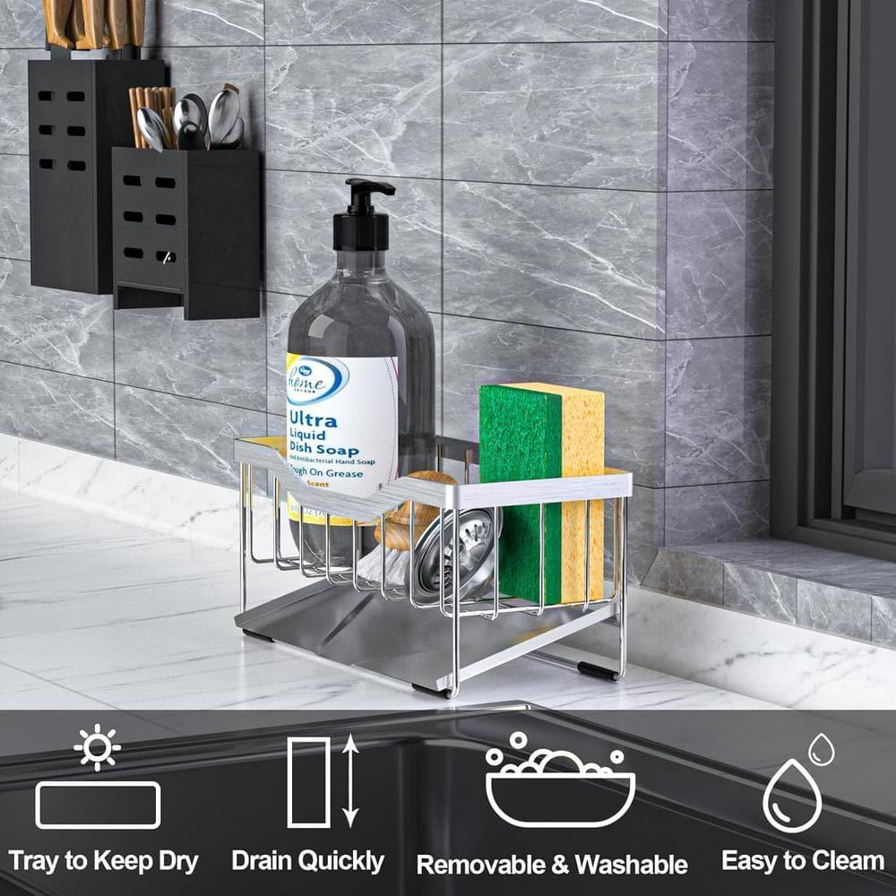 WKING Stainless Steel Sponge Holder For Kitchen Sink, Rustproof 304 Sink Caddy Organizer With Automatic Drainage, Space-Saving Design For Sponges, Soap Dispenser, Brush & Towel (Silver)