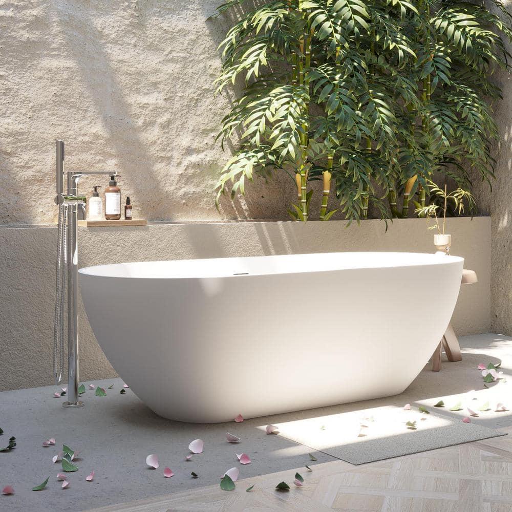 59" x 30" Freestanding Soaking Solid Surface Bathtub Stone Resin Bath Tub with Overflow and Pop-up Drain for Contemporary Bathroom, Glossy/Matte White