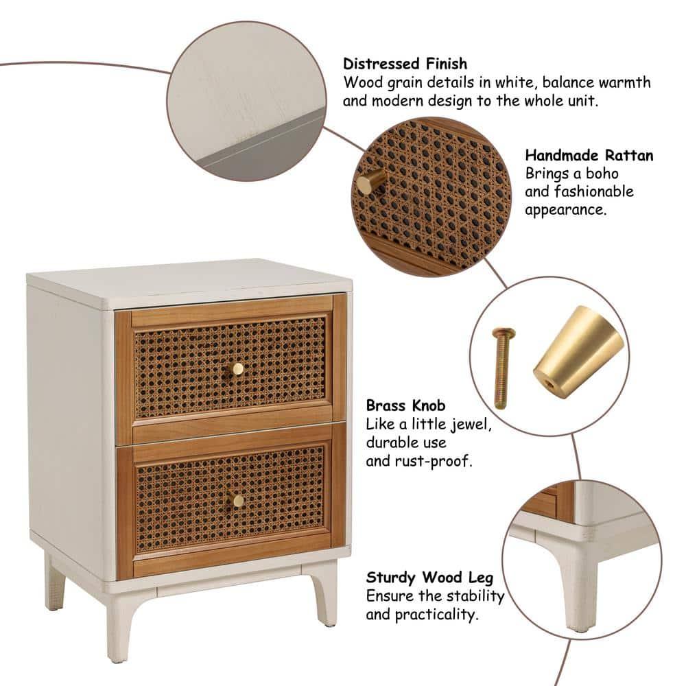 COZAYH 2-Drawer Woven Cane Front Accent Nightstand with Brass Knobs for Living Room, Hand-Scratched Aging Finish, Bedroom, White