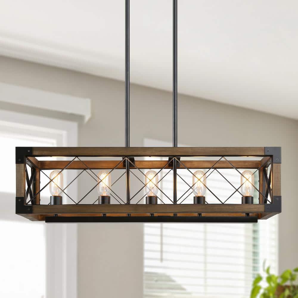 Farmhouse 5-Light Wood and Black Metal Chandelier, Rectangular Kitchen Island Light Fixture