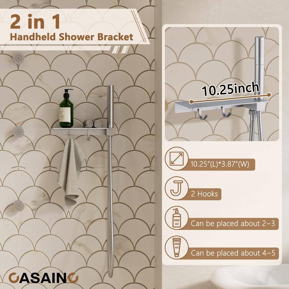 Rainfall Thermostatic Shower System with Body Jets, 2-Sprays Shower Head and a Shelf