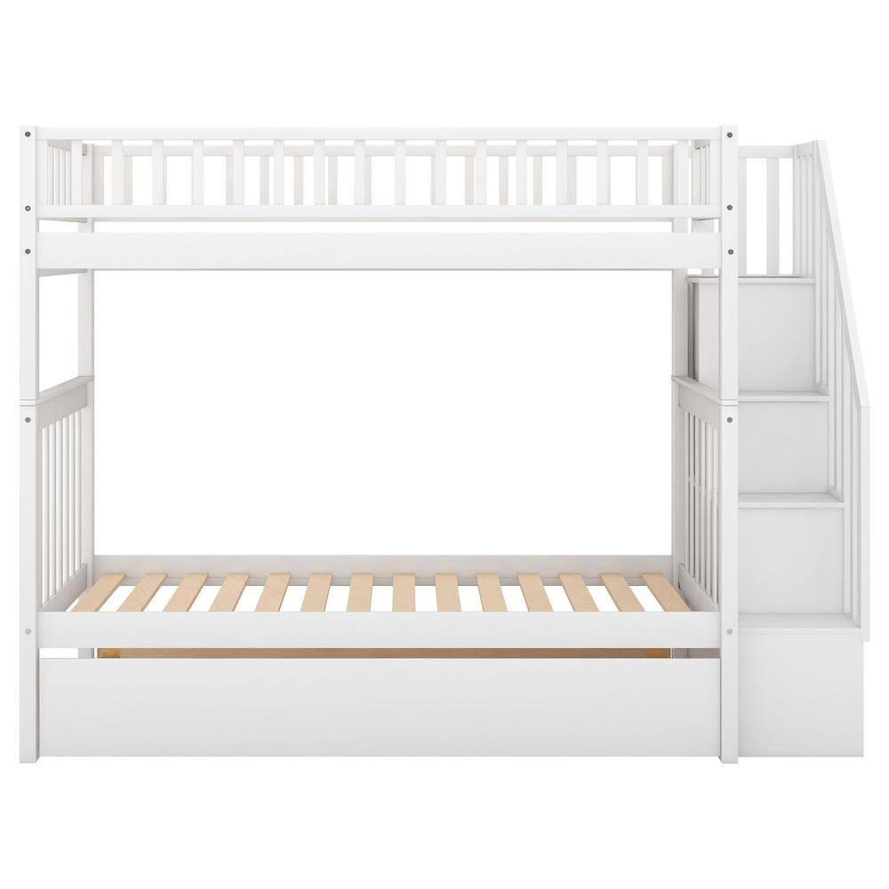 New Twin over Twin Bunk Bed with Trundle and Storage, White