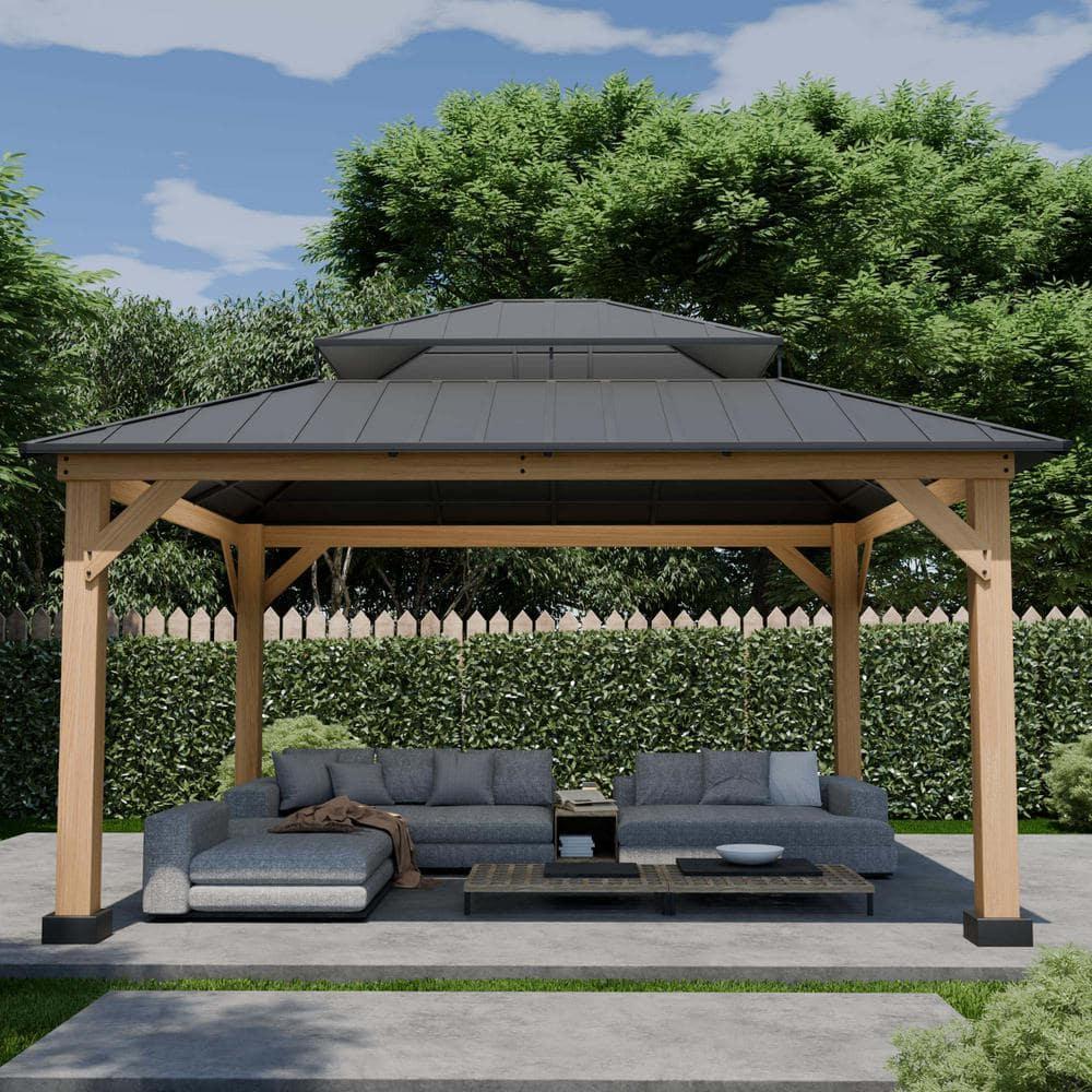 11x13 Cedar Wood Gazebo with Black Metal Double Roof