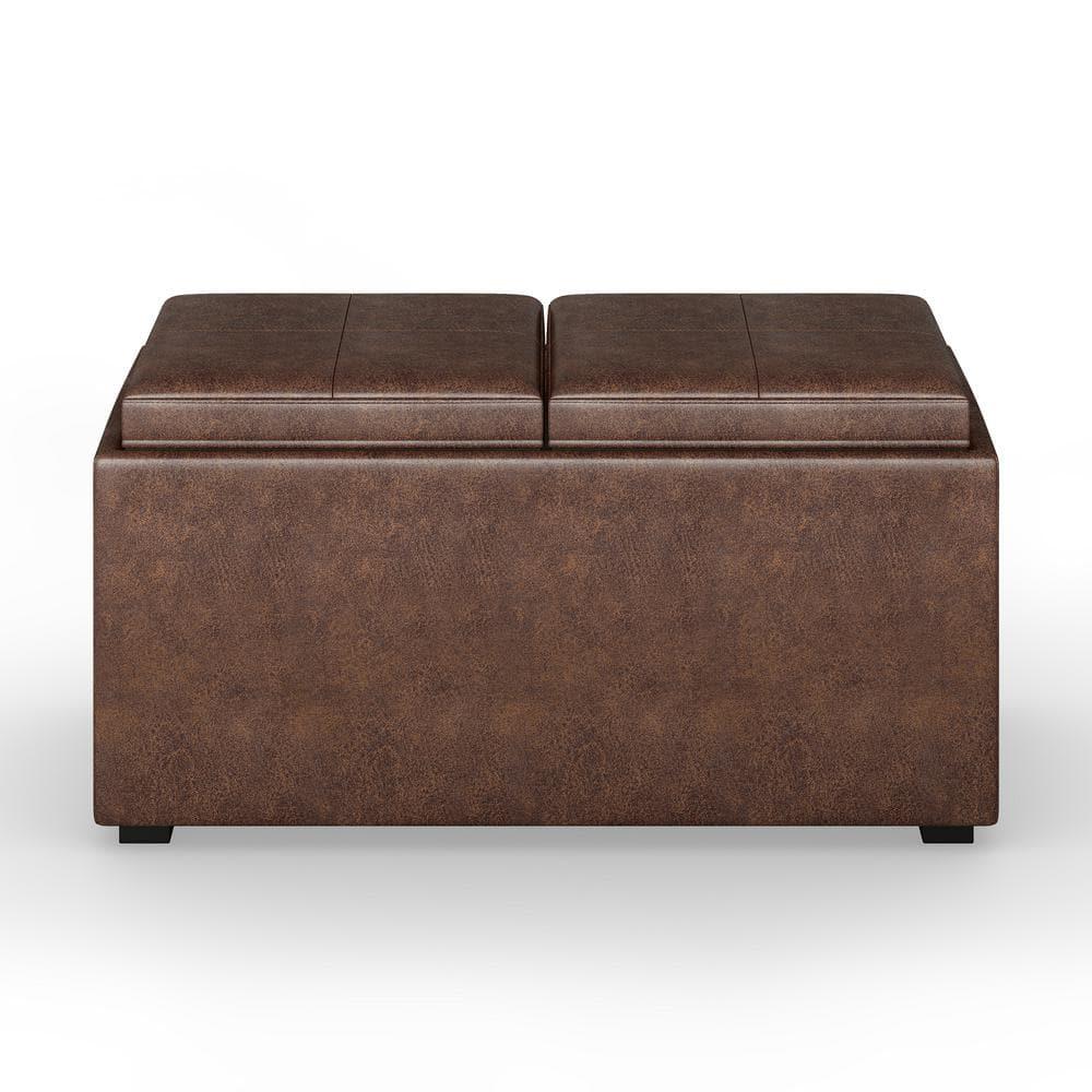 Simpli Home Avalon 35"W Upholstered Storage Ottoman Set with 5 Pieces and Flip-Over Serving Tray Lids