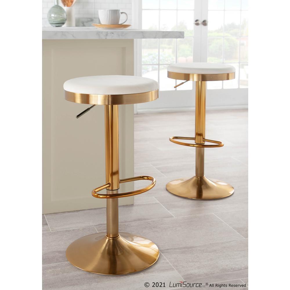 Set of 2 Dakota Glam Adjustable Barstools Steel/Velvet Gold/Cream - LumiSource: Swivel, Footrest, Mid-Century Modern Design