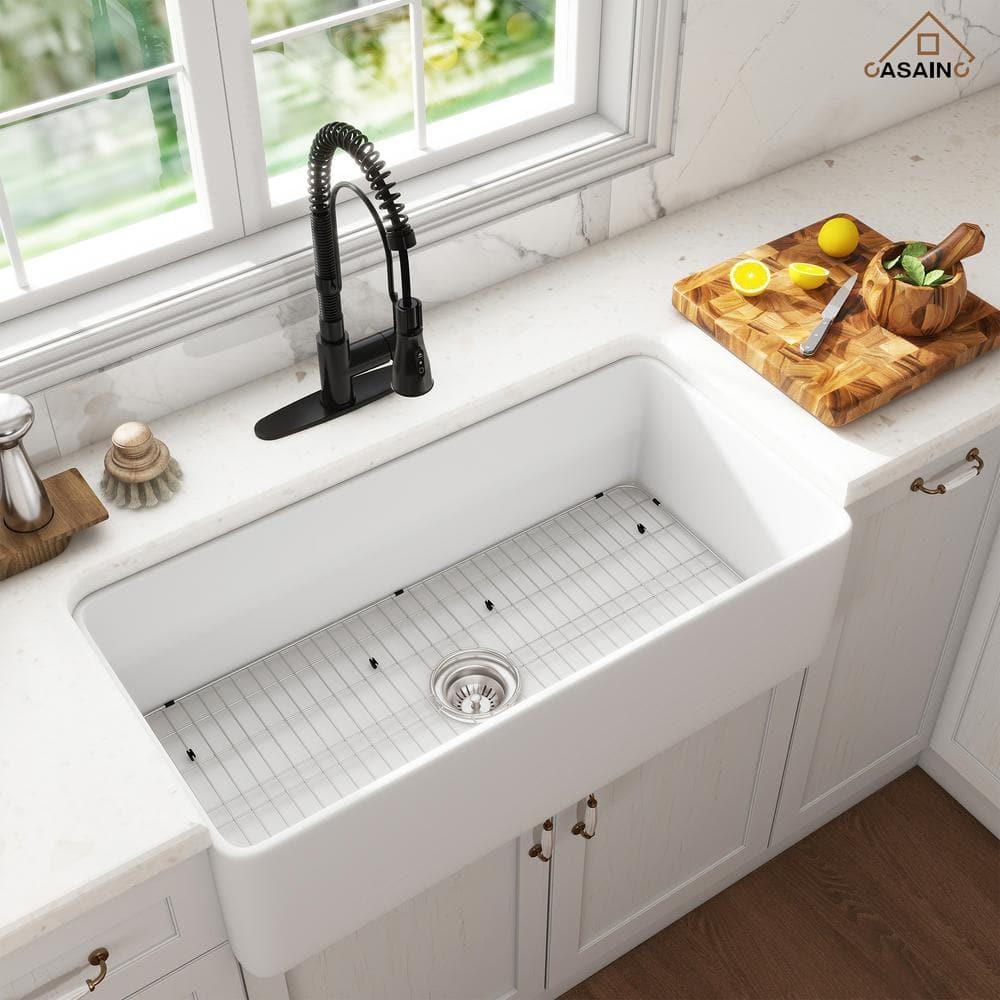 CASAINC CASAINC Single Bowl White Fireclay Farmhouse Kitchen Sink With Faucet Included KCSL0035-36W22M