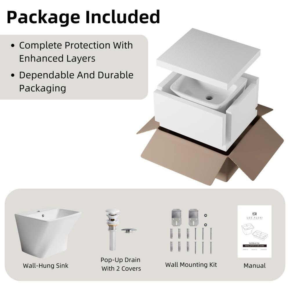 Los Flexi Wall Mount Sink with Overflow, Modern Floating Bathroom Vessel Sink, Single Faucet Hole, Pop-up Drain Included