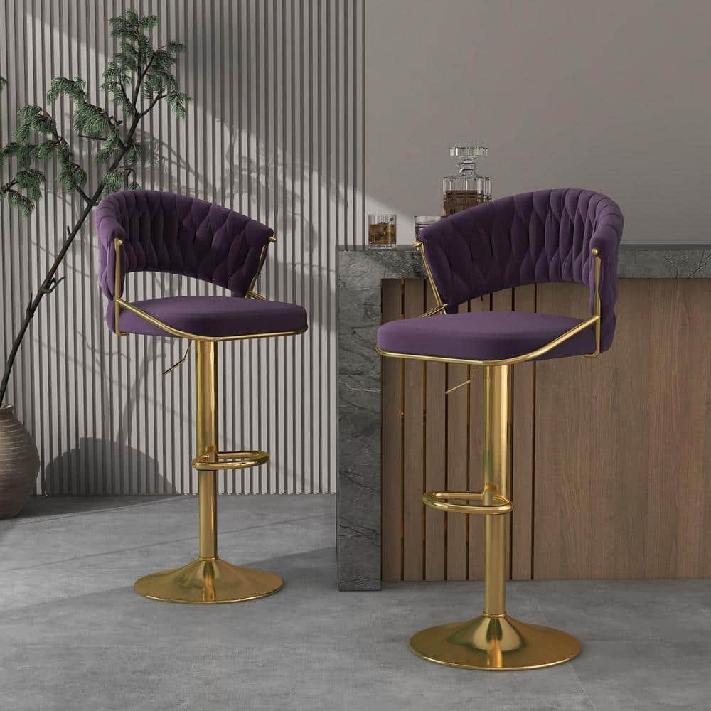 Kakotito 360° Velvet Swivel Bar Stools with Low Back & Footrest, Adjustable Counter Barstools, Silver Bar Stool (Set of 2 - Silver Version, Pink)