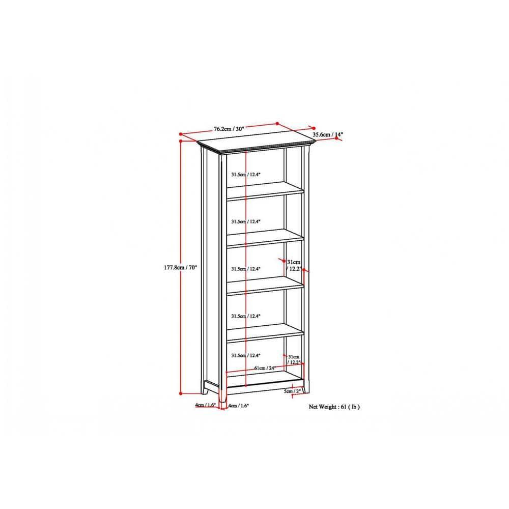 Simpli Home Amherst 30"W Solid Wood 5 Shelf Bookcase with Adjustable Shelves