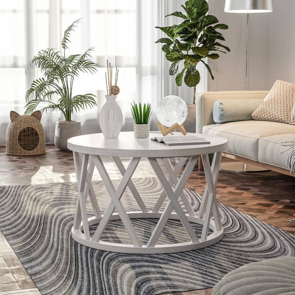 Antique White Round Wood Coffee Table with X-Motifs