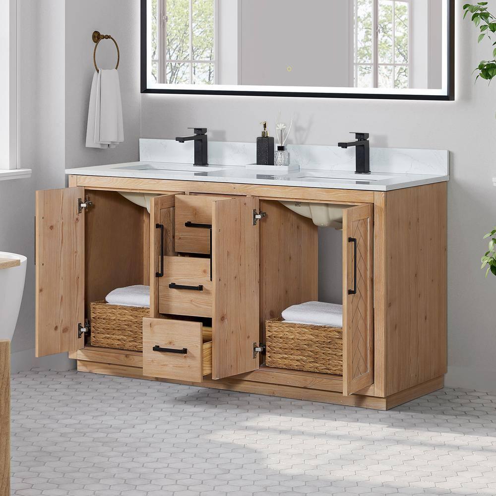 Anais 60" Wood Vanity in Light Brown with White Composite Stone Top no Mirror
