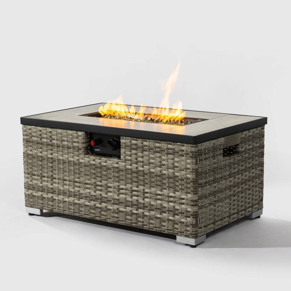 Rattan Fire Pit Table with Tank Holder and Ceramic Tile Tabletop