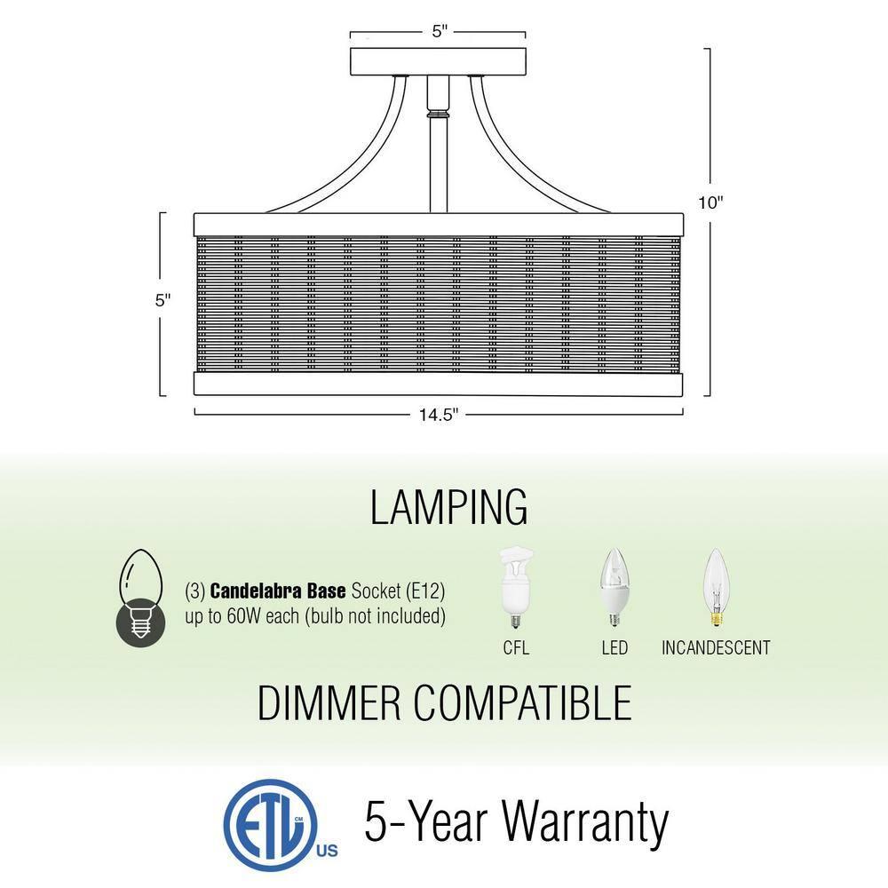 Kira Home Zora 15" 3-Light Modern Semi Flush Mount Ceiling Light + Rattan Wicker Drum Shade, Oil Rubbed Bronze Finish