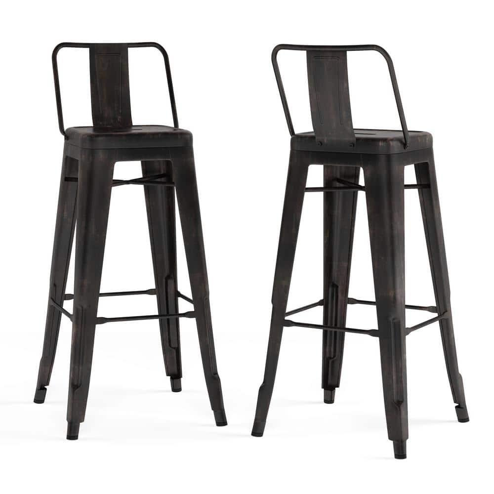 Simpli Home Rayne 30" Metal Bar Stool in Distressed Black (Set of 2)