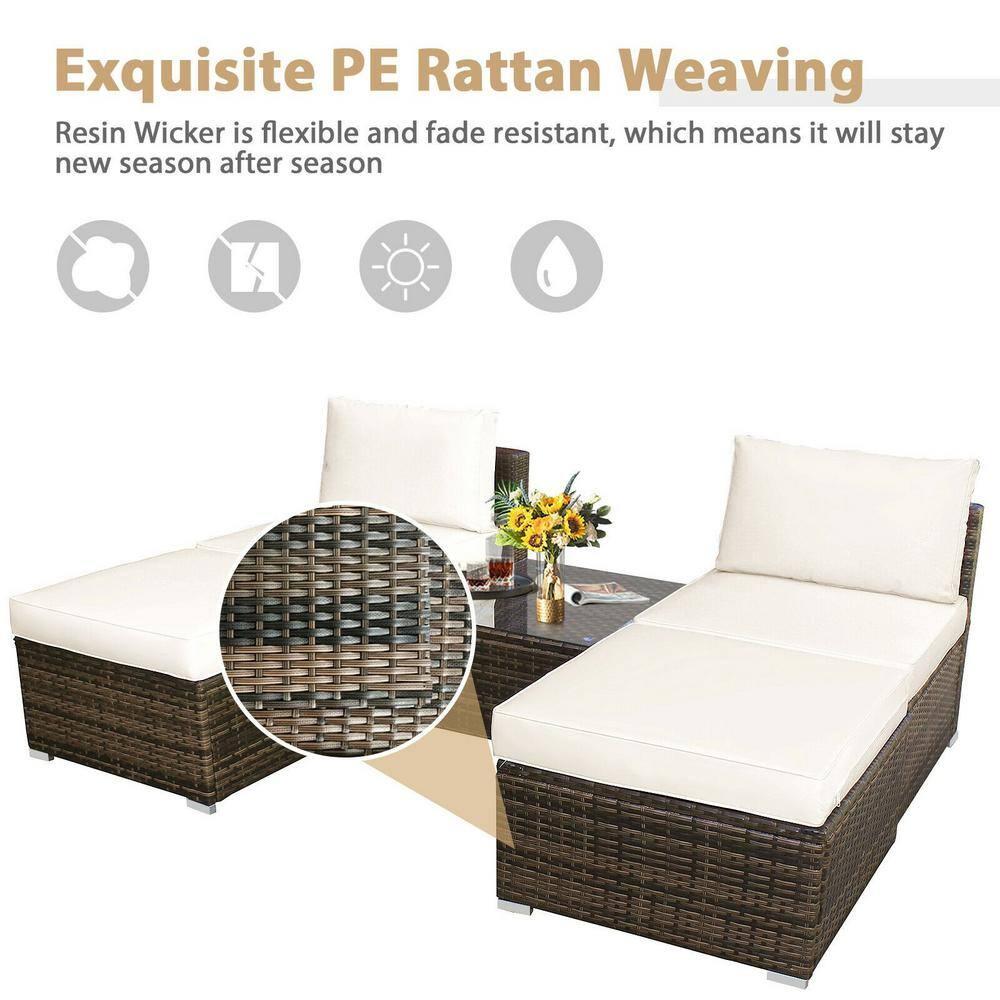 Demifill 5 Pieces Patio Rattan Furniture Set with Cushioned Armless Sofa, Weather-Resistant PE Rattan Sofa Set with Detachable Cushion, Furniture Set for Outdoor as Courtyard, Garden, White