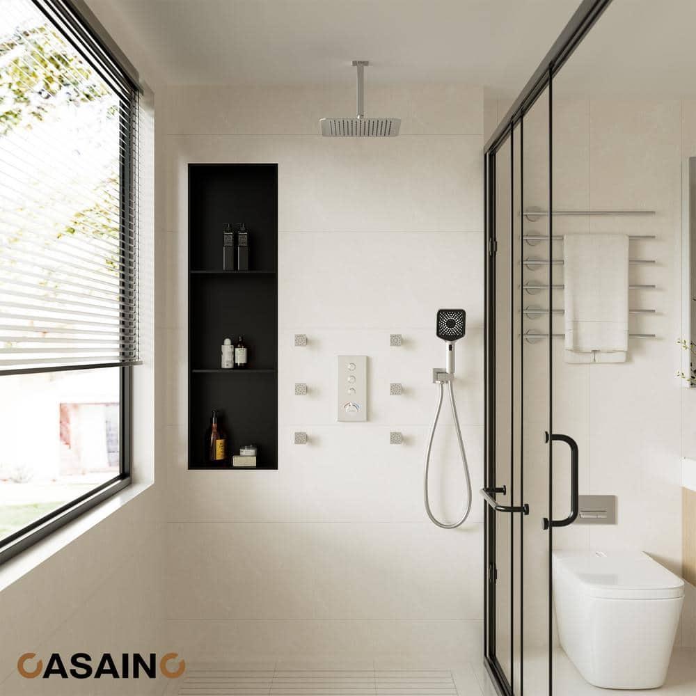 CASAINC 12'' Ceiling Mounted Square Shower System with Handheld Sprayer & 6 Body Jets, Brushed Nickel