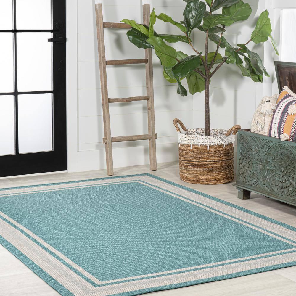 5' x 8' James Modern Border Stripe Indoor/Outdoor Area Rug, Aqua/Beige - JONATHAN Y