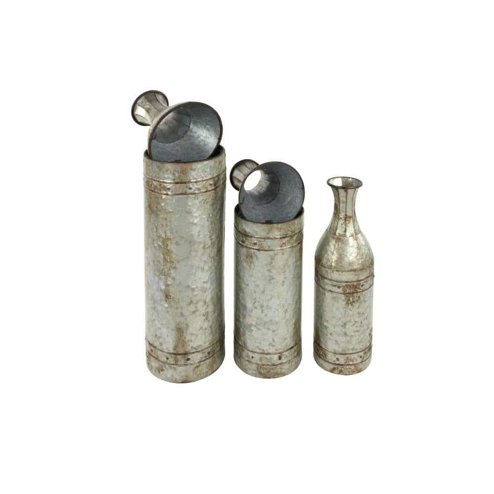 DecMode Farmhouse Cylinder Shape Extra Large Silver Distressed Metal Floor Vases, Set of 3, 43", 33", 25"H
