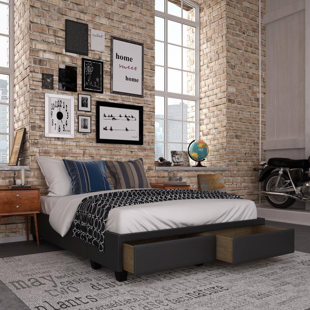 Queen Preston Faux Leather Upholstered Platform Bed Frame with Storage Drawers Black - Eco Dream